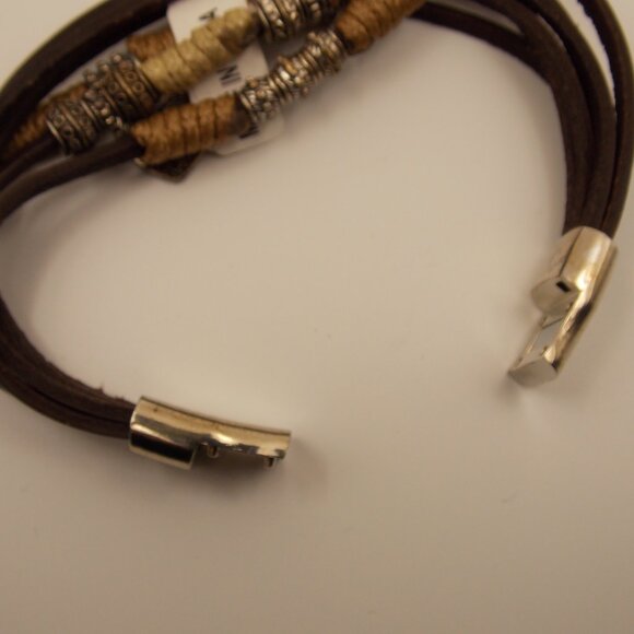 Leather and Silver Beaded 6 Strand Bracelet Magnet Clasp Heart Charm Boho Hippie - Picture 11 of 11